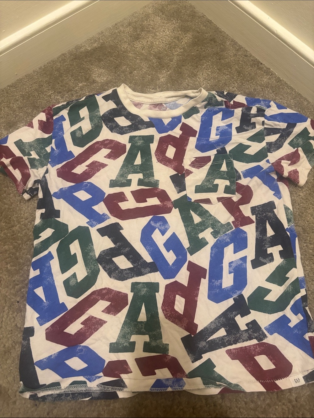 Kids Graphic Letter Print T-Shirt - White with Blue, Green & Burgundy